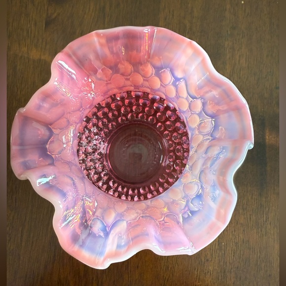 Fenton Cranberry Opalescent Hobnail Double Crimped Rose Bowl Vase Vintage - Picture 4 of 12